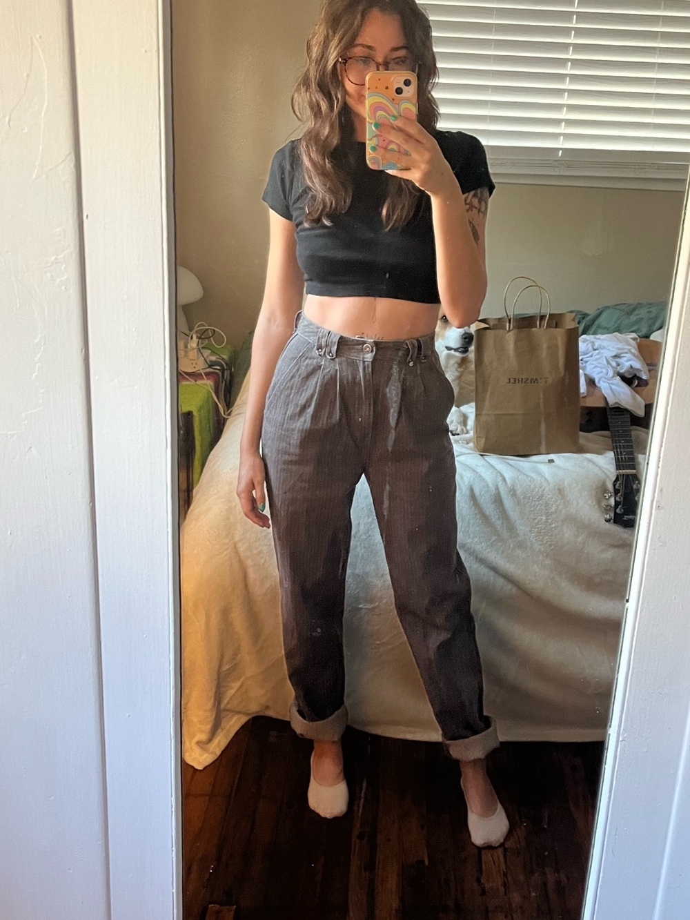UNIONBAY Vintage Women's Pinstripe Straight-Leg Pants in Dark Gray
